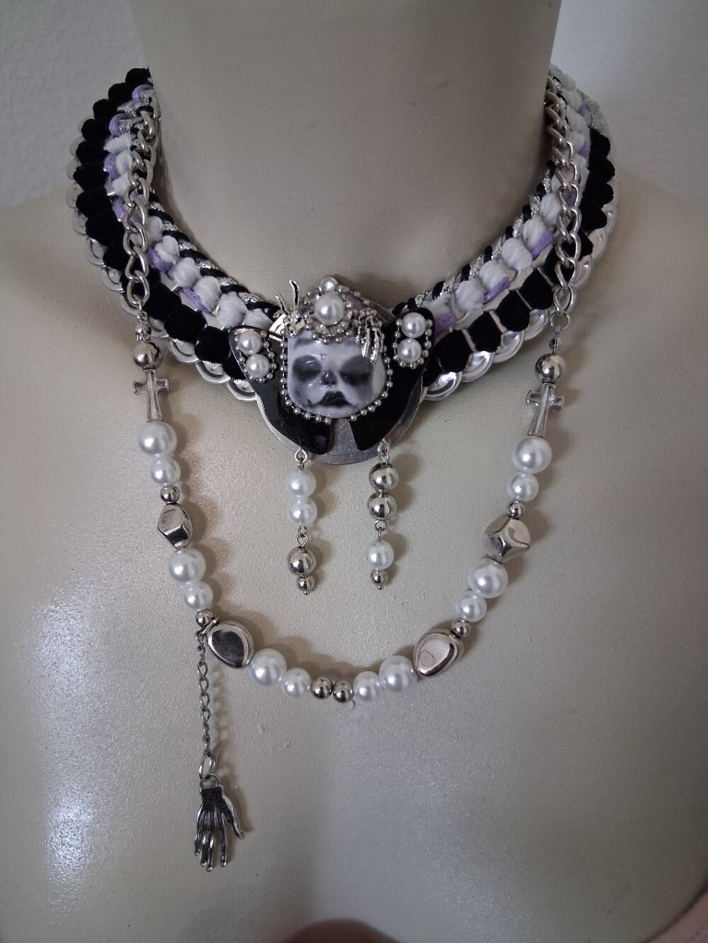 Upcycled Gothic handmade doll-face statement necklace choker OOAK